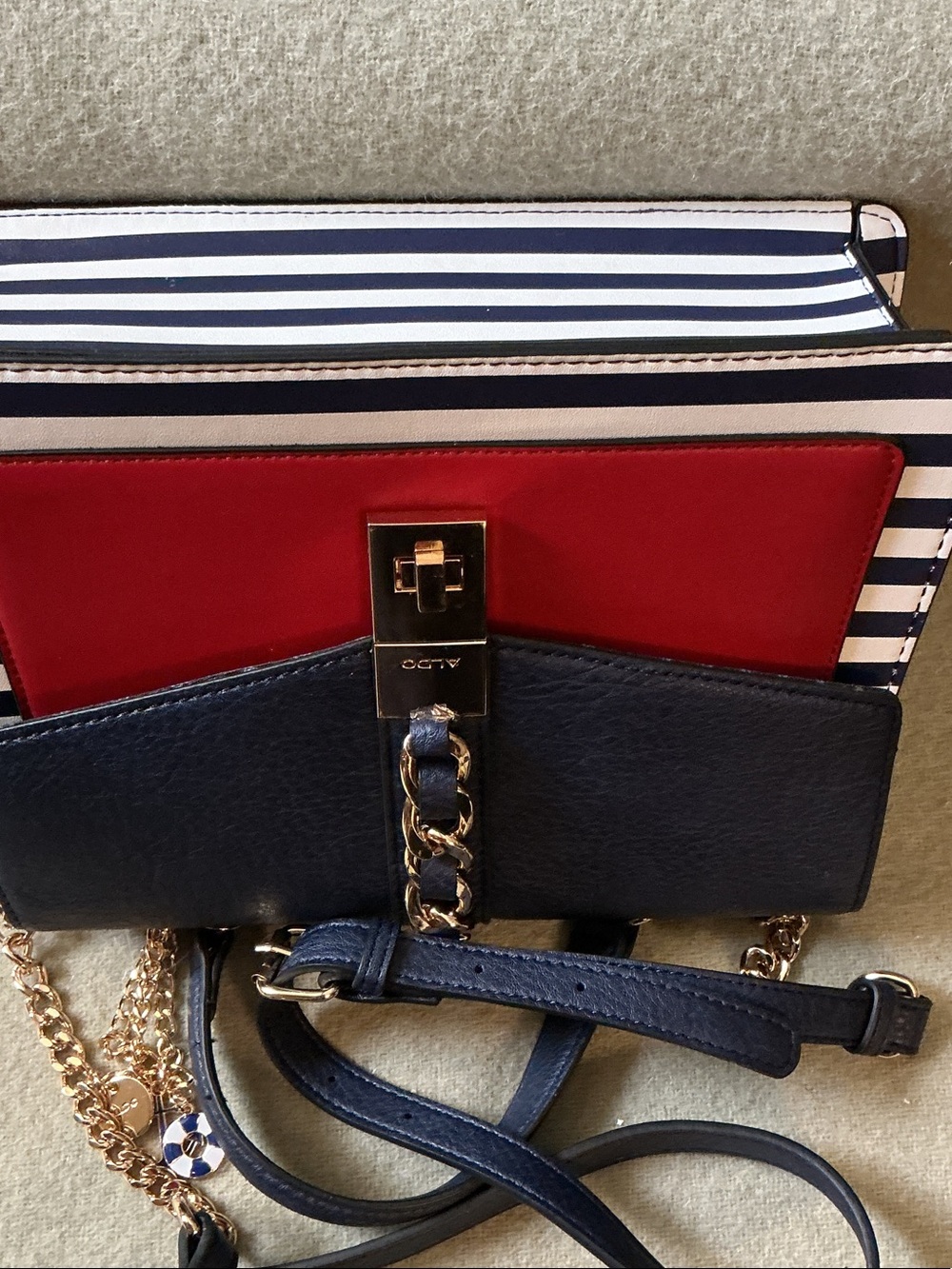 ALDO Navy, Red & White Striped Chain-Accent Satchel - Picture 5 of 7